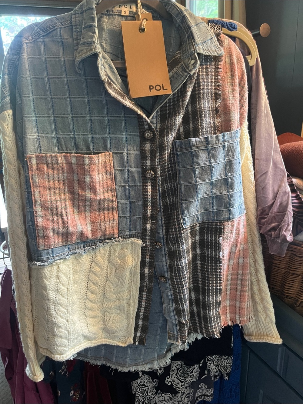 POL Mixed Blue and Brown Plaid Button-Up Shirt Jacket - Picture 2 of 8